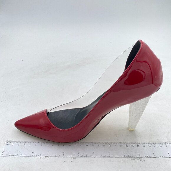 FSJ Red Clear Pointed Toe Shiny High Cone Heel Pumps Classic Party Dress Shoes - Picture 2 of 8